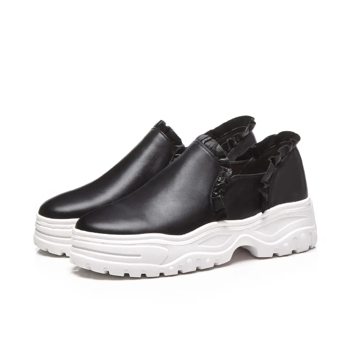 Krazing pot genuine leather ruffles decoration platform slip on round toe wedge women white sneakers casual vulcanized shoes L90