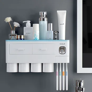 

Automatic Toothpaste Dispenser with Cup Toothbrush Holder Wall Mount Toiletries Storage Rack Set Magnetic Bathroom Accessories