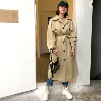 

Street Loose Trench Long Coat For Women Fashionable Clothes 2020 Spring Autumn New Style Outwear Female Sashes Trendy Khaki Coat
