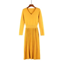 Осенний и зимний корейский свитер женский тонкий свитер с v-образным вырезом выше колена плиссированное платье чистый цвет длинный рукав свитер платье