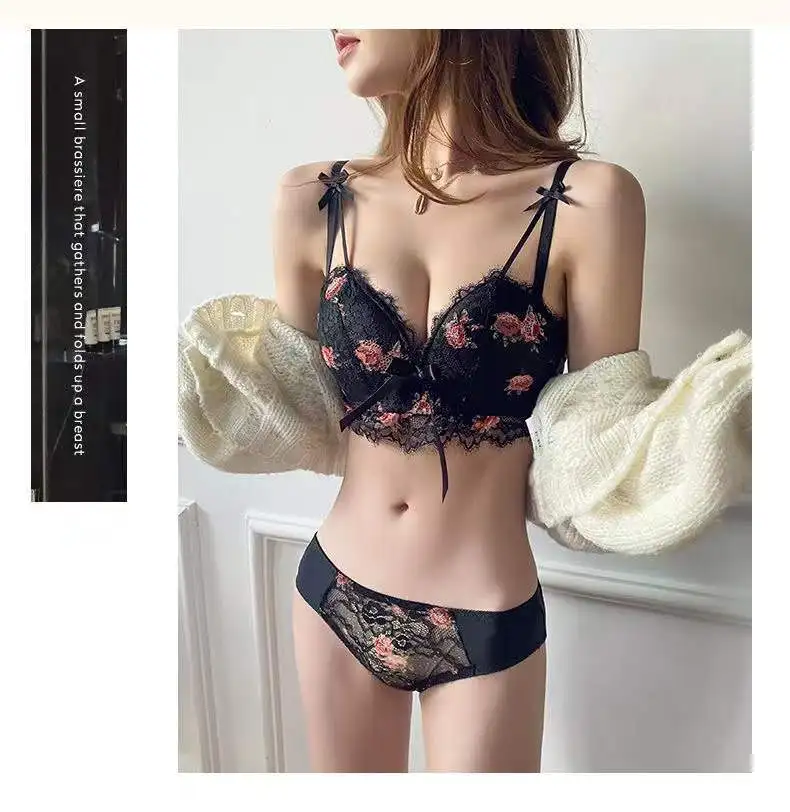 Pure Desire French Seamless Underwear Female Small Breasts Gathered New Comfortable Anti-sagging Latex Sexy Girl Lace Bra Set bralette sets