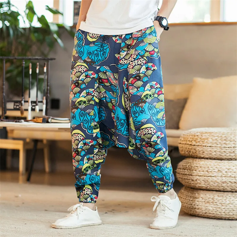 

2019 Fashion Bohemia Style Print Men Baggy Cotton Harem Pants Hip Hop Men Pants Wide Leg Long Trousers Casual Vintage Cross Pant