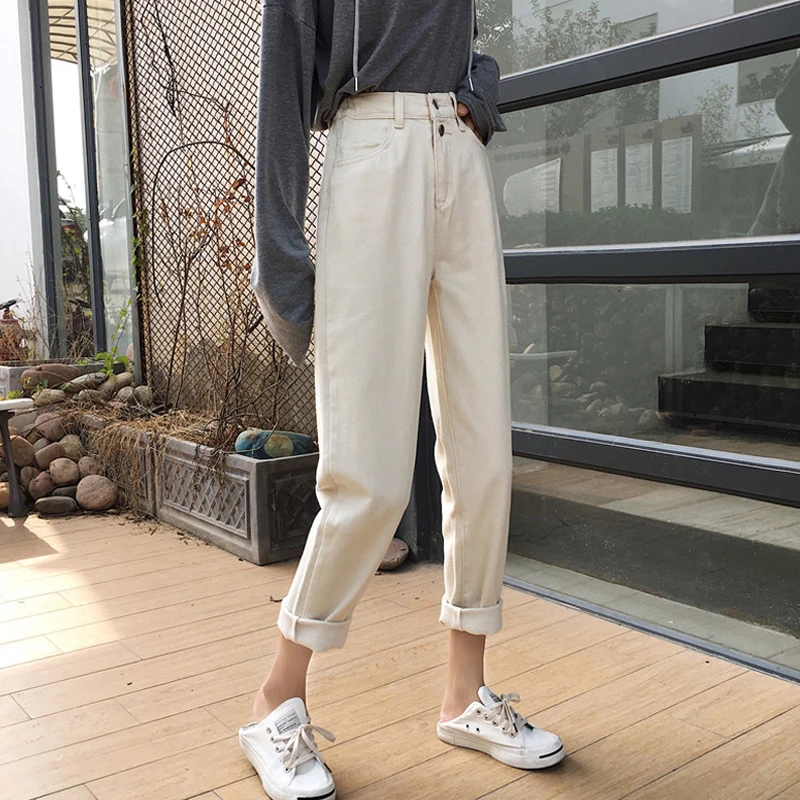 

Women Harem Jeans Pants Ankle Length Fashion High Waist Loose White Denim Jeans Female Buttons Trousers Spring Streetwear