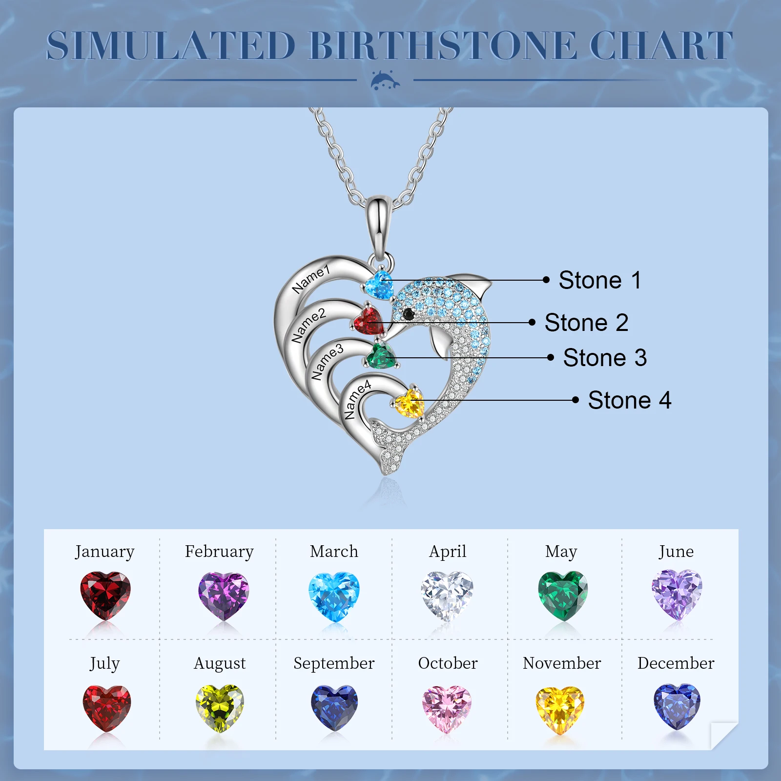 Silver Bar Necklace with 2 Birthstones, Engraved with Blessed