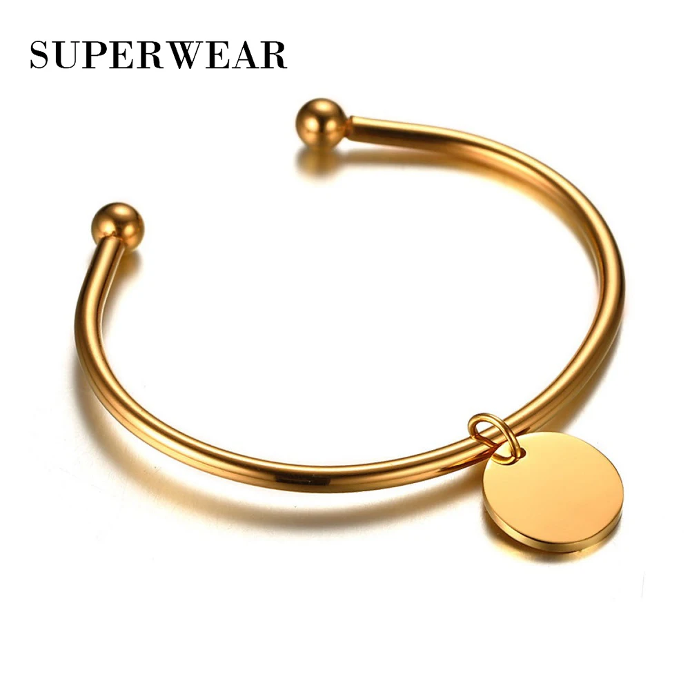 SUPERWEAR Stainless Steel Open Bangle for Women Yellow Gold Color Simple Round Bracelets with Charm Minimalism Fashion Jewelry
