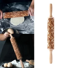 Скалка с цветочным узором из натурального дерева, валик для теста для пиццы печенья, рождественское тиснение, Скалка Для Выпечки, кондитерские инструменты