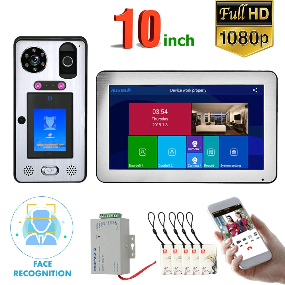 cheap 10 inch Wifi Wireless Face Recognition Fingerprint IC Video Door Phone Doorbell Intercom System with Wired 1080P Camera,Suppo