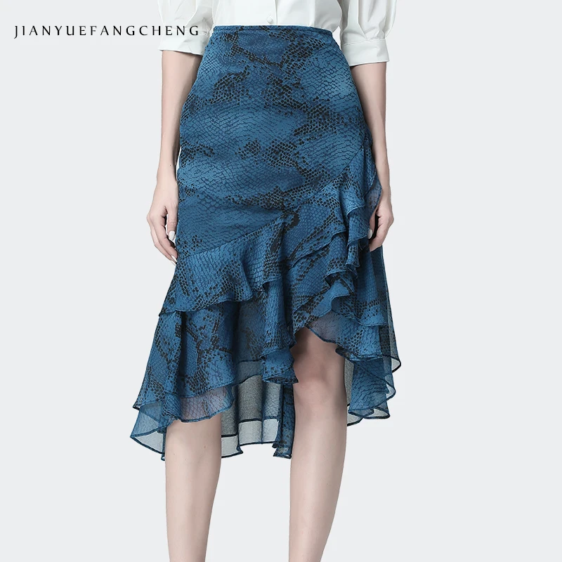 

Women Summer Snake Skin Print Blue Chiffon Skirt High Waist Irregular Ruffle Midi Mermaid Skirts Elegant Sexy Street Wear Jupe