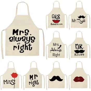 

1Pcs Mr Mrs Couples Chef Kitchen Aprons Unisex Dinner Party Cooking Bibs Cotton Linen Funny Pinafore Cleaning Tools 53*65cm