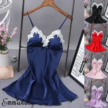 

2019 New Sexy Women's Satin Sleepwear Nightdress Lingerie Night Dress Ladies V-neck Silk Lace Dress Lingerie Pajama Nightgown