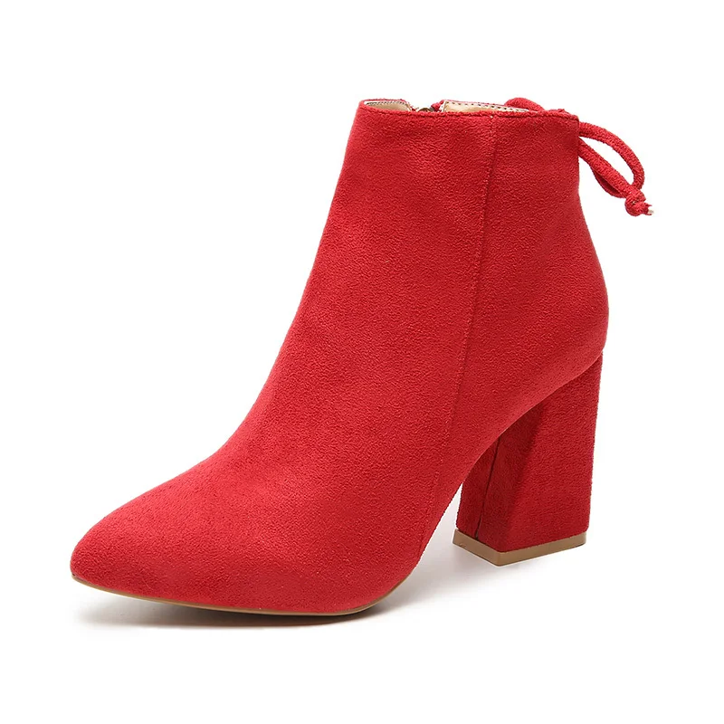 Hot Sale Women Boots Autumn Winter Flock Ankle Boots Female Square High Heels Shoes Woman Zipper Botas Zapatos Mujer - Цвет: Red