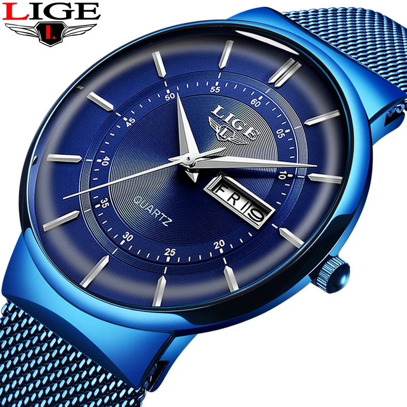Cena 2019 nowy niebieski kwarc zegar LIGE męskie zegarki Top marka luksusowy zegarek dla mężczyzn proste wszystkie stalowe wodoodporne Wrist Watch Reloj Hombre