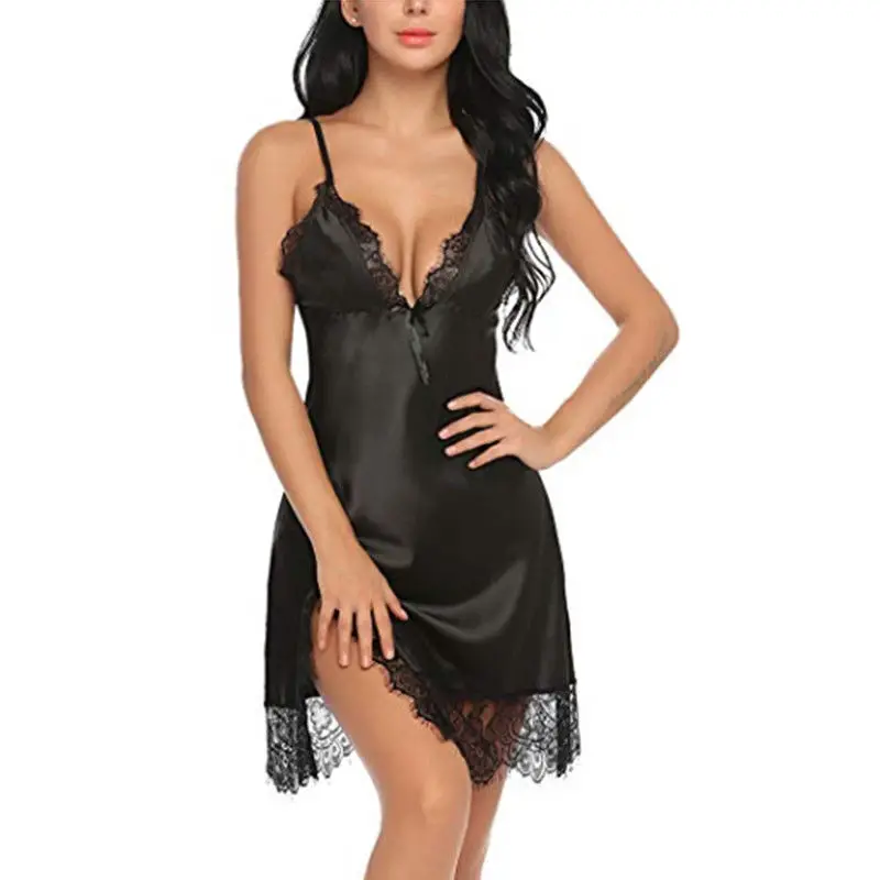 Women Sexy v-neck Sling Sleepwear Nightgown Satin Silk Babydoll Lace Robes Sleep Dress