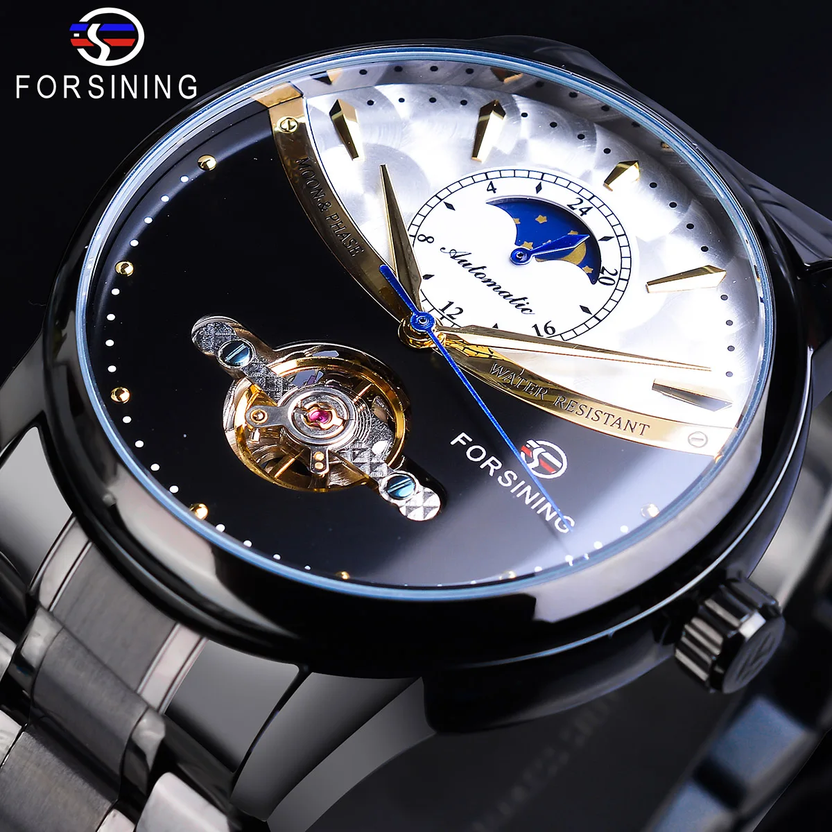 Forsining черные мужские механические часы Tourbillon Moonphase автоматические повседневные