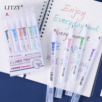 

LITZY 6pcs/box 2 Line Pen Set for Student Drawing Liner Scrapbooking Art Pen Kawaii School Office Stationery Double Line Pen