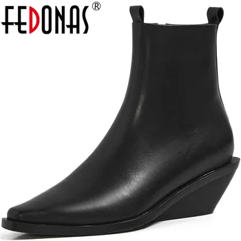 

FEDONAS Eleganr Genuine Leather Wedged Shoes For Woemn Pointed Toe High Heels Shoes For Women Winter Working Office Shoes Woman