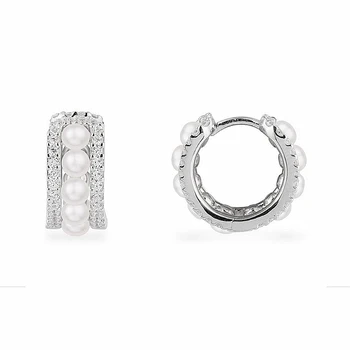 

1.15cm Hoop Earring Freshwater Pearl Cuff Earring 925 Sterling Silver Full Zircon Stone Double Layers Women Wedding Jewelry