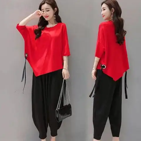 

Online Celebrity WOMEN'S Suit Summer 2019 New Style Korean-style Loose-Fit Slimming Fashion Baggy Pants Two-Piece Set Loose Pant