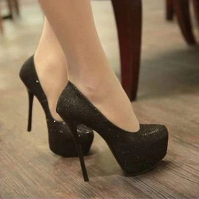 Europe and America sexy waterproof platform shoes summer new ultra high heels 14CM fine with sequins golden wedding women. | Обувь