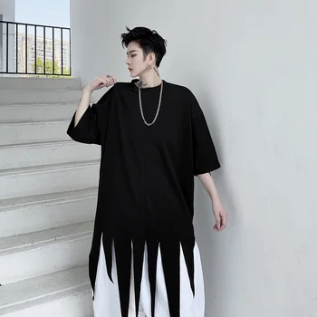 

Male Women Punk Gothic Hip Hop Japan Karajuku Streetwear Teesshirts Men Cut Hem Black Short Sleeve Casual T-shirt