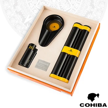 

COHIBA Black Metal Cigar Suit 2 Tube Humidor Cigar Ashtray Cigarette Tobacco 3 Torch Jet Flame Lighter W/Punch Travel Set