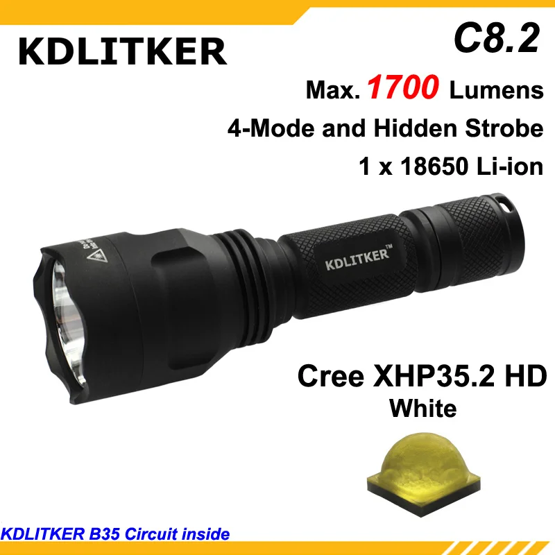 2020 Newest KDLITKER C8.2 Cree XHP35.2 HD 1700 Lumens 5-Mode LED Flashlight - Black ( 1x18650 )