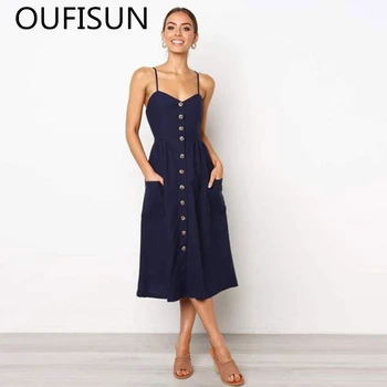 

Oufisun Summer V-neck Spaghetti Strap Backless Party Dress Fashion Sleeveless Button Maix Dress Casual Solid Long Dress 2020 New