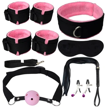 DUOAI 7PCs BDSM Adult Sex Toys Plush Handcuffs Strap Whip Rope Bed Restraints Bandage Couples