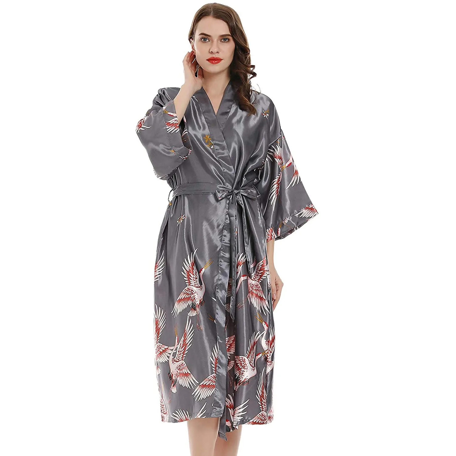 PLUS SIZE Long Kimono Bathrobe Satin Women Sleepwear Nightgown Print Crane Bride Bridesmaid Wedding Robe Dress Loose Homewear