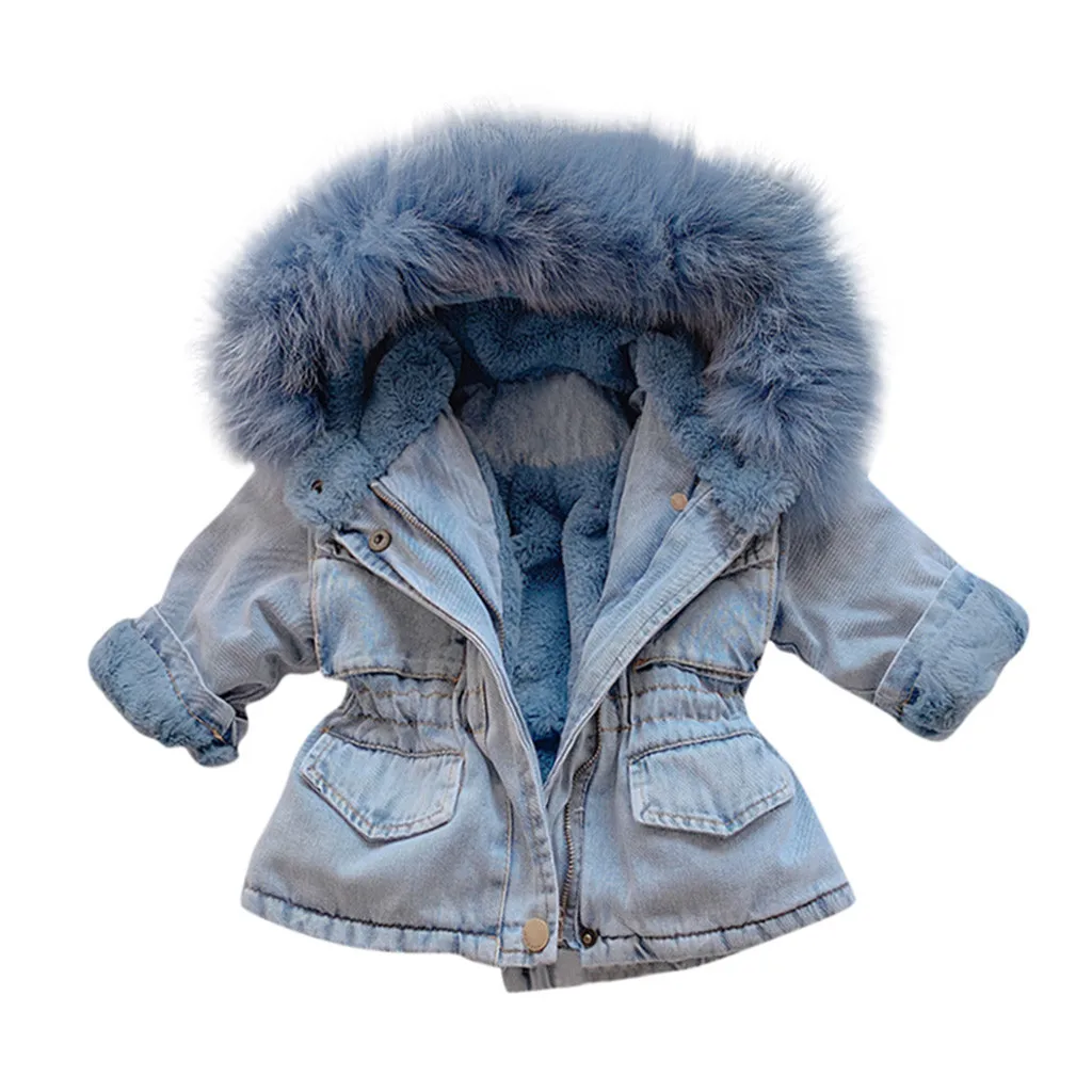 Зимнее плотное джинсовое пальто для маленьких девочек, теплое флисовое пальто с капюшоном и искусственным мехом для маленьких девочек модная верхняя одежда на молнии с карманами для маленьких девочек - Цвет: Синий