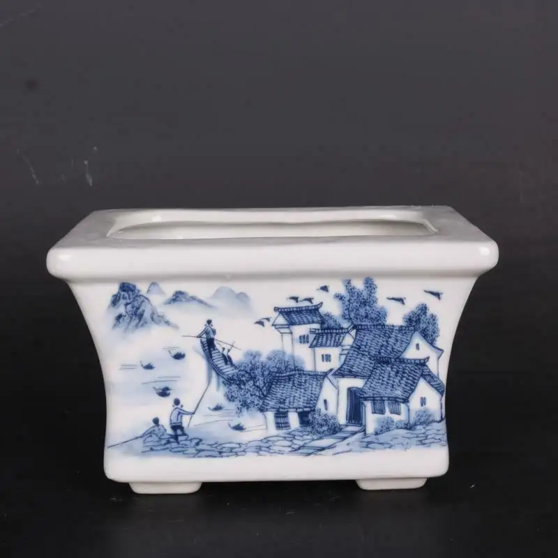 Chinese Style Blue and White Porcelain Water Town Landscape Design Flowerpot Pot 7"