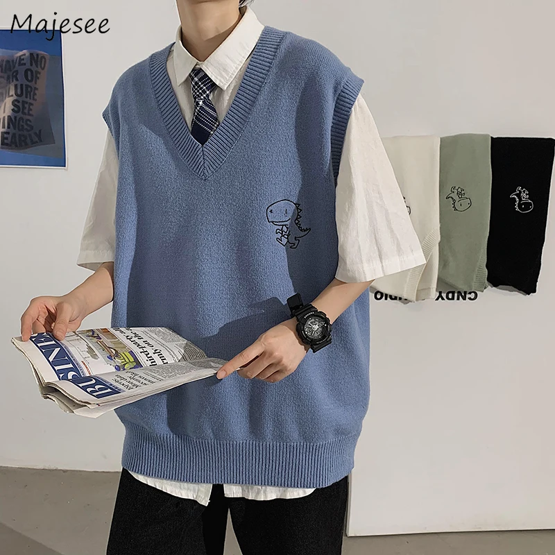 Men Sweater Vests V-neck Oversize Streetwear Japan Style Couples Cartoon  Cute Jumpers Artsy Hip Bf Knitwear Retro Male All-match