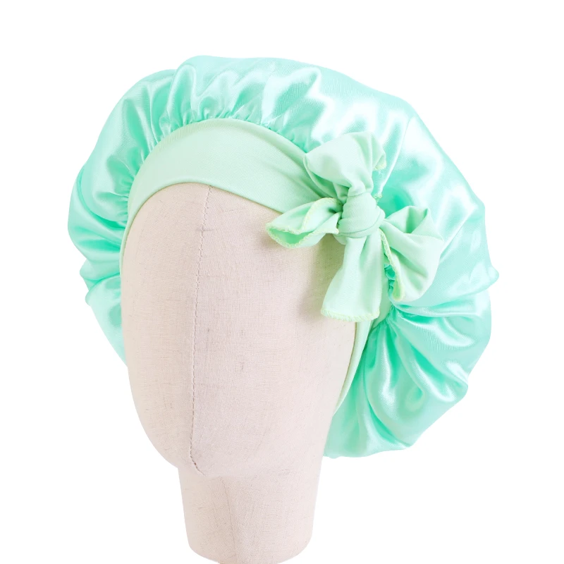 Baby Satin Bonnet With Tie Wide Stretchy Band Soild Color Child Headwrap High Elastic Night Sleep Hat Soft Headcover Chemo Cap