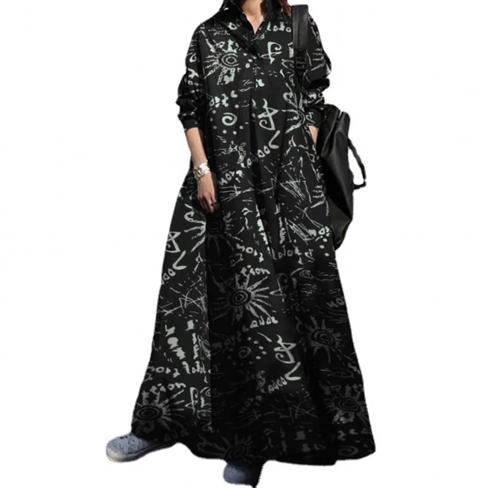 2021 Spring Autumn New Leisure Dubai Abaya Turkey Muslim Ladies Big Swing Long Skirt Middle East Ethnic Print Long Sleeve Dress
