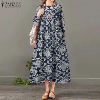 

2020 ZANZEA Spring Women Floral Printed Long Sleeve Long Dress Casual Vintage Sundress Cotton Linen Vestido Plus Size Dresses