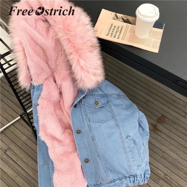 Most effective  Free Ostrich Women Jean Jacket Winter Thick Jean Jacket Faux Fur Collar Fleece Hooded Denim Coat Fe