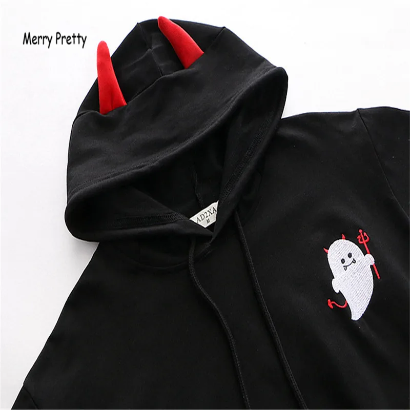 Merry Pretty women Cotton Hoodies Sweatshirts with ears Harajuku Black Devil Embroidery Hooded Swea