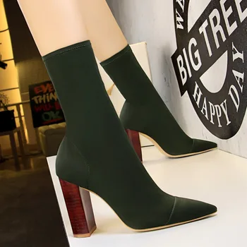 

Yalnn Fashion Simple Thick Heels High Pointed Toe Elasticity Sexy Ankle Boots Womens Booties Platform Slip-On Square Booties