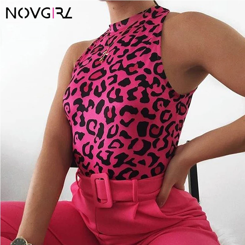 

Novgirl 2019 Leopard Sexy Bodysuit Women Sleeveless Bodycon Short Jumpsuit Stand Collar Skinny Neon Rompers Club Party Overalls