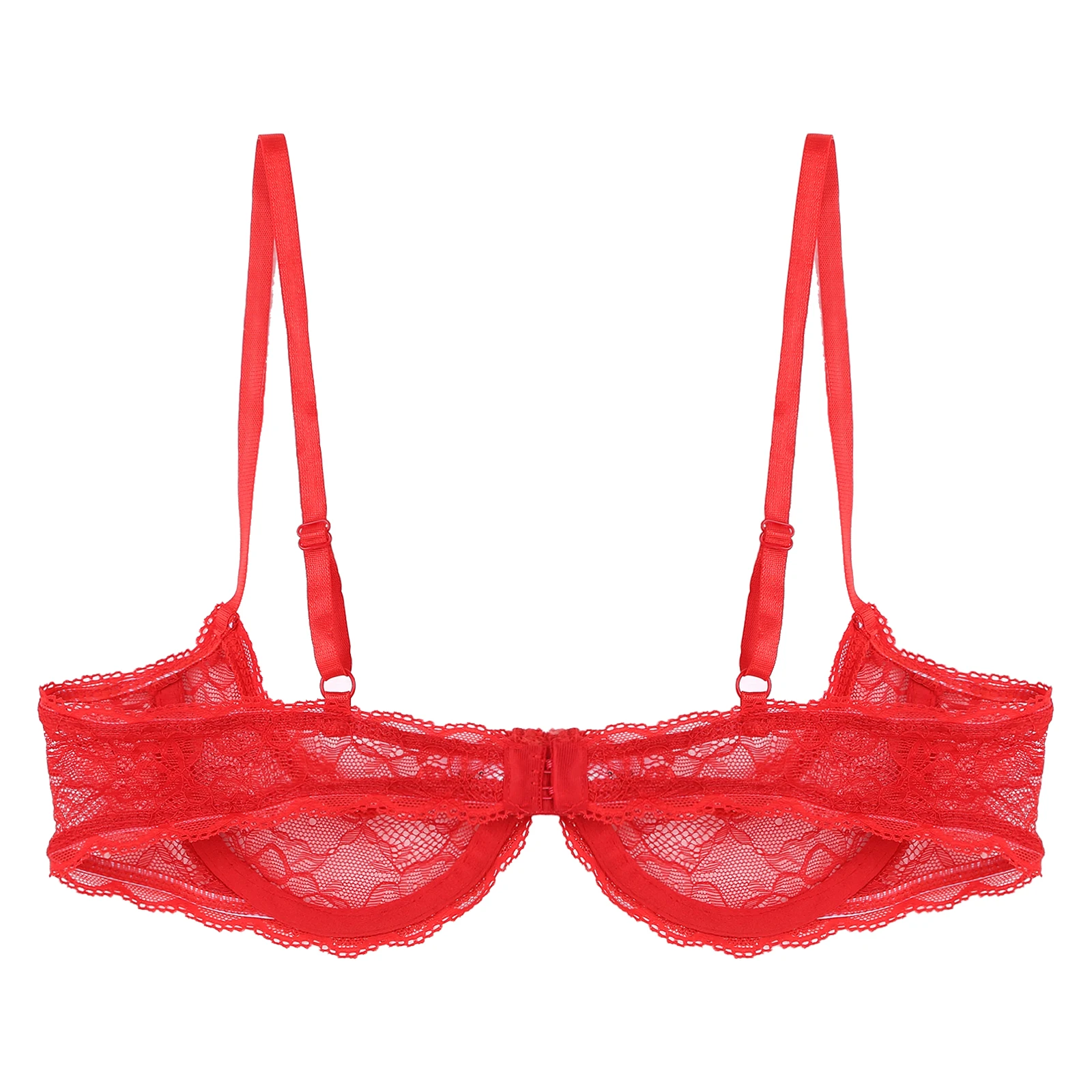 Women Bra See Through Lace Adjustable Straps Open Cups Push Up