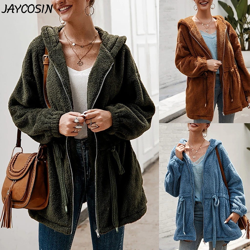 JAYCOSIN Для женщин пальто на плюшевой подкладке; одноцветные Цвет шнурок с капюшоном, с карманами, на молнии, толстовки; Пальто-кардиган; зимняя теплая Повседневное верхняя одежда пальто