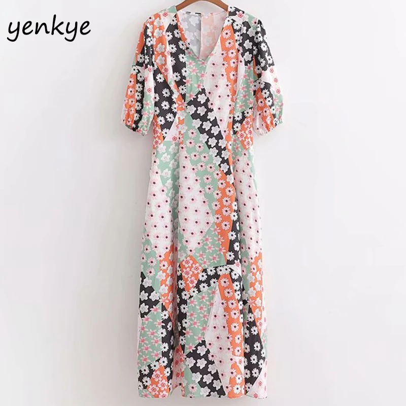 

2019 Women Vintage Patchwork Color Floral Print Long Dress Female Short Sleeve V Neck A-line Casual Dress robe longue XDWM2370