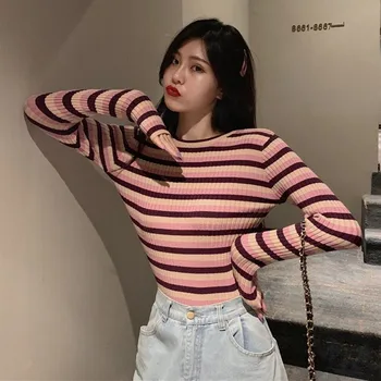 

Autumn Fashion Women Sweater Round Neck Striped Slim Long-sleeved Knit Striped Sweaters