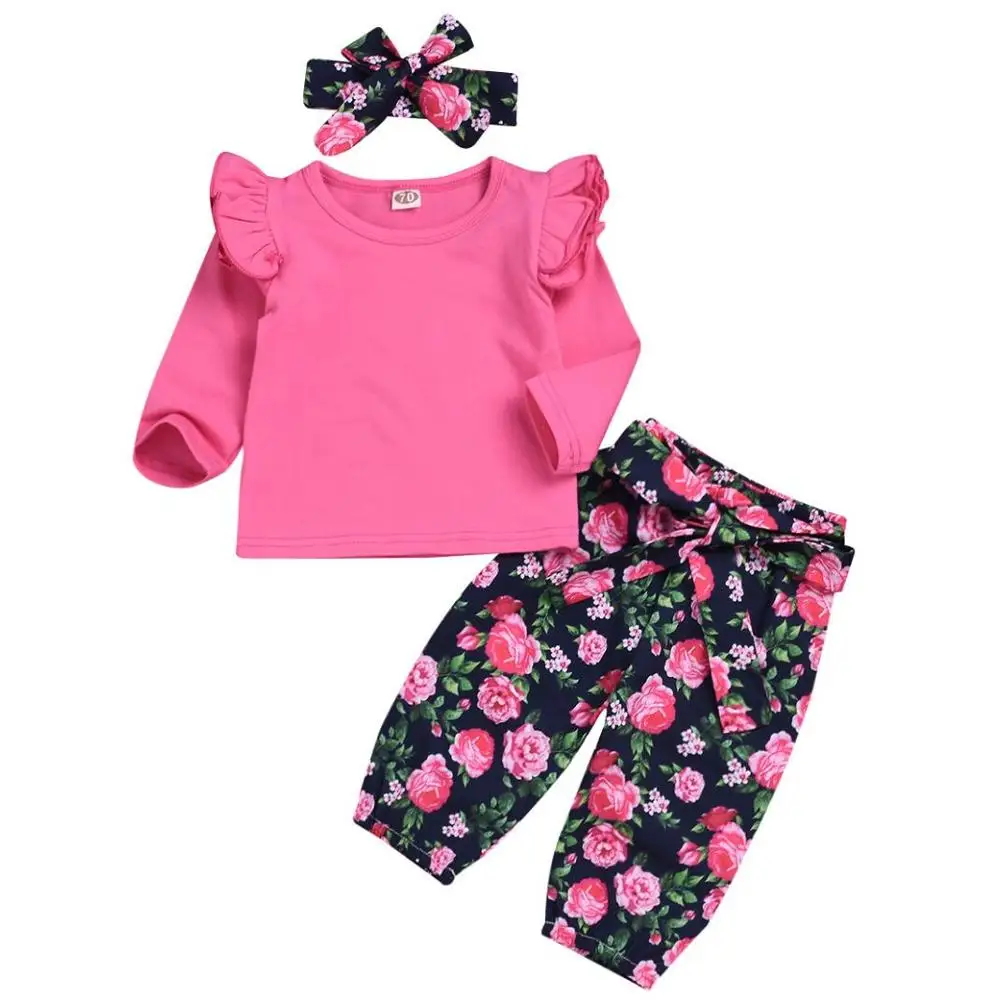 Коллекция года, осенняя стильная одежда для младенцев комплект одежды для маленьких девочек, футболка с длинными рукавами+ штаны с цветочным принтом+ повязка на голову, комплект из 3 предметов, Одежда для новорожденных, 0-2 лет