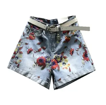 

Flower Printed Jeans Shorts Women New Summer High Waist Loose crimping wide leg Denim Shorts r1251