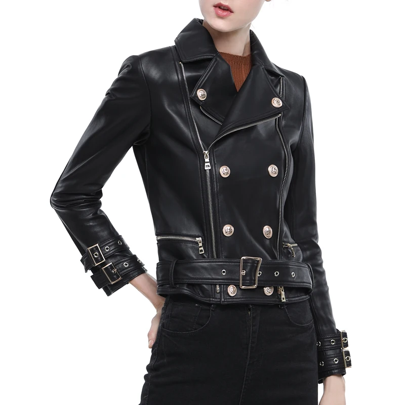  Woman Coats High-Quality 100% Sheepskin Leather Jackets Motorcycle Leather Clothing Female Real She