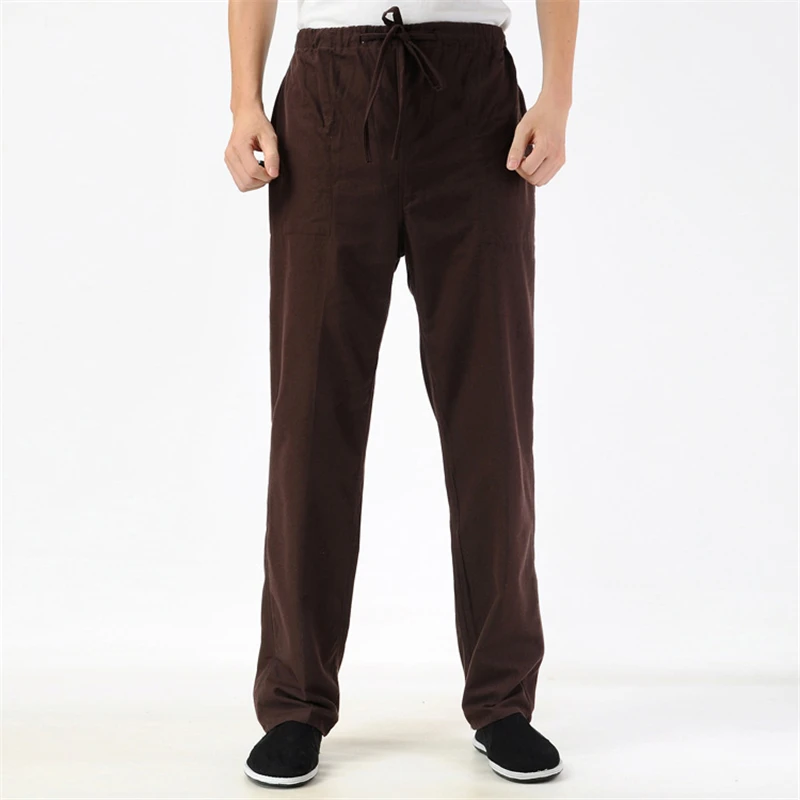 Men's Long Pants 100% Cotton Chinese Traditional Kung Fu Pants Wu Shu Tai Chi Elastic Waist Loose Long Trousers
