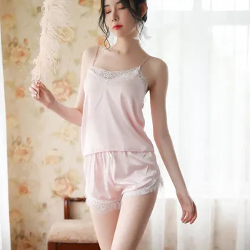 

Women Sexy Pajamas Set Summer Solid Color Sling Split Lingerie Translucent Ice Silk Lace Stitching Home Clothing