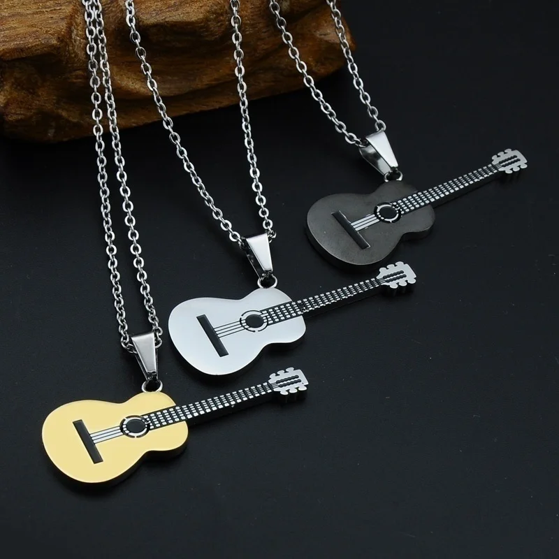 Guitar Pendant Necklace for Men Rock Two Tone Gold Color Titanium Stainless Steel Music  Pendant Necklace