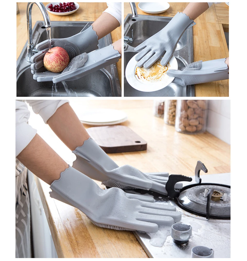 Kitchen Silicone Dishes Washing Glove with Cleaning Brush Garden Housekeeping Magic Silicone Scrubber Rubber Dishwashing Gloves